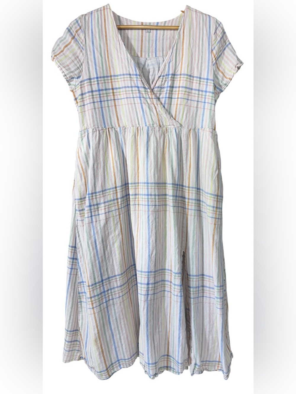 Madewell Linen Blend Pastel Rainbow Plaid Midi Dress Pockets Slit Womens M
